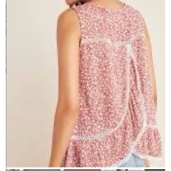 Maeve Quinn Top Red & White Floral Crochet Trim Ruffled Hem Layer Openback XS - Picture 1 of 14
